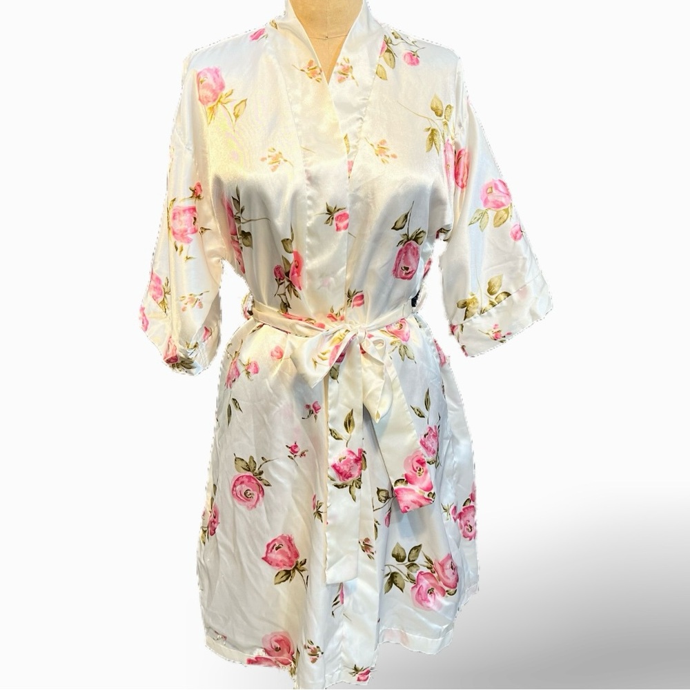 VINTAGE pink rose floral wrap robe belted waist midi short sleeve silky 90s y2k